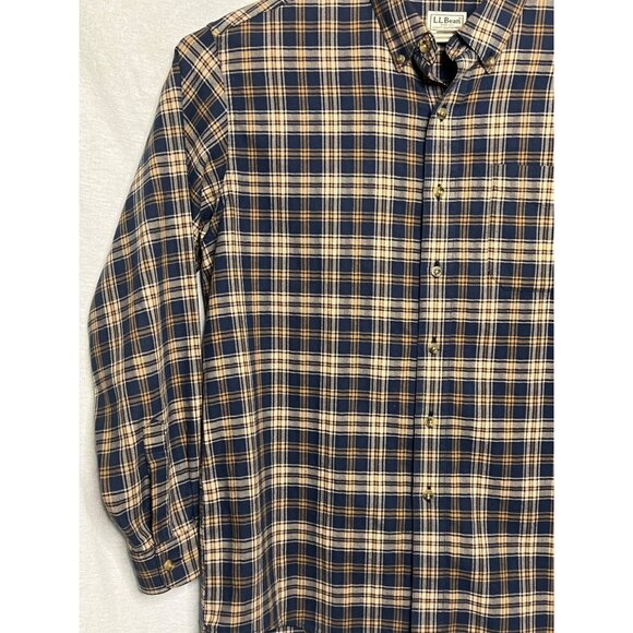LL Bean Men's Shirt Large Button Front Blue Tan Plaid 100% Cotton LS 253770 - Picture 4 of 13